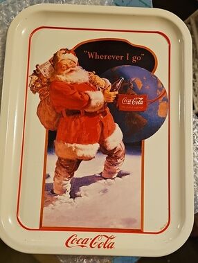 Coca-Cola Santa Metal 1991 Tray in Red and Cream with Blue Globe Artwork
